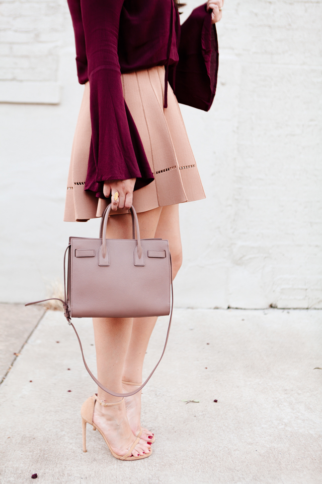 Bell Sleeve top with camel flare skirt on Kendi Everyday