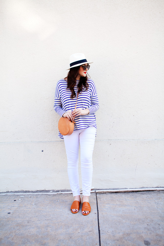 The Great striped tee and Loft maternity white jeans on Kendi Everyday. Maternity Style outfit. 