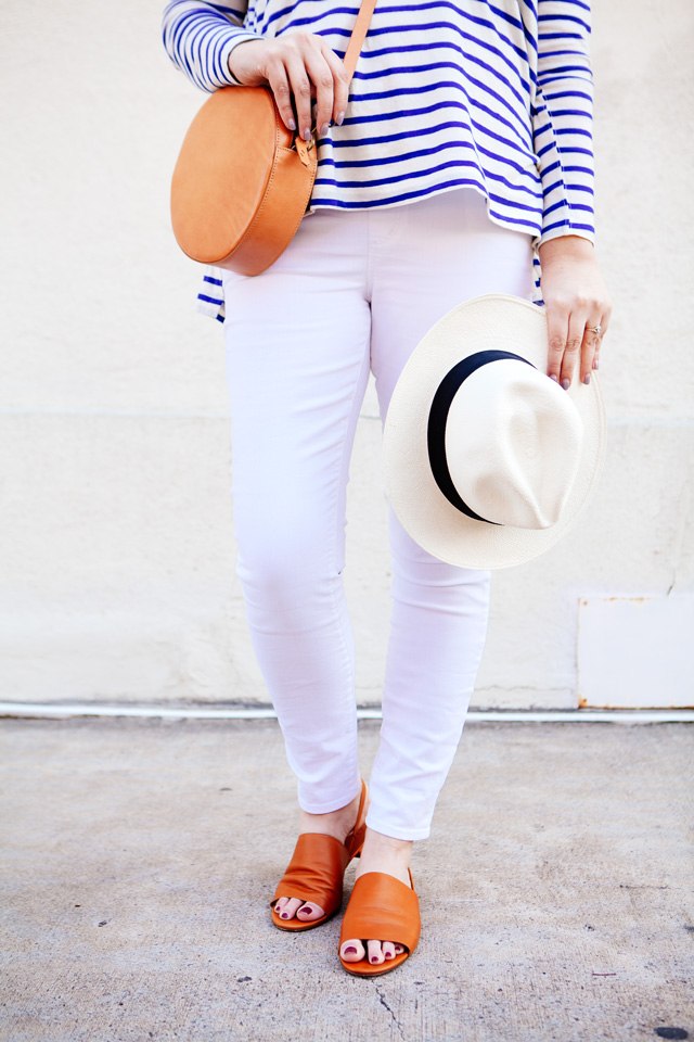 The Great striped tee and Loft maternity white jeans on Kendi Everyday. Maternity Style outfit. 