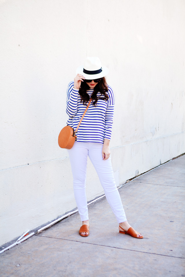 The Great striped tee and Loft maternity white jeans on Kendi Everyday. Maternity Style outfit. 