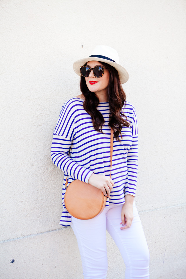 The Great striped tee and Loft maternity white jeans on Kendi Everyday. Maternity Style outfit. 